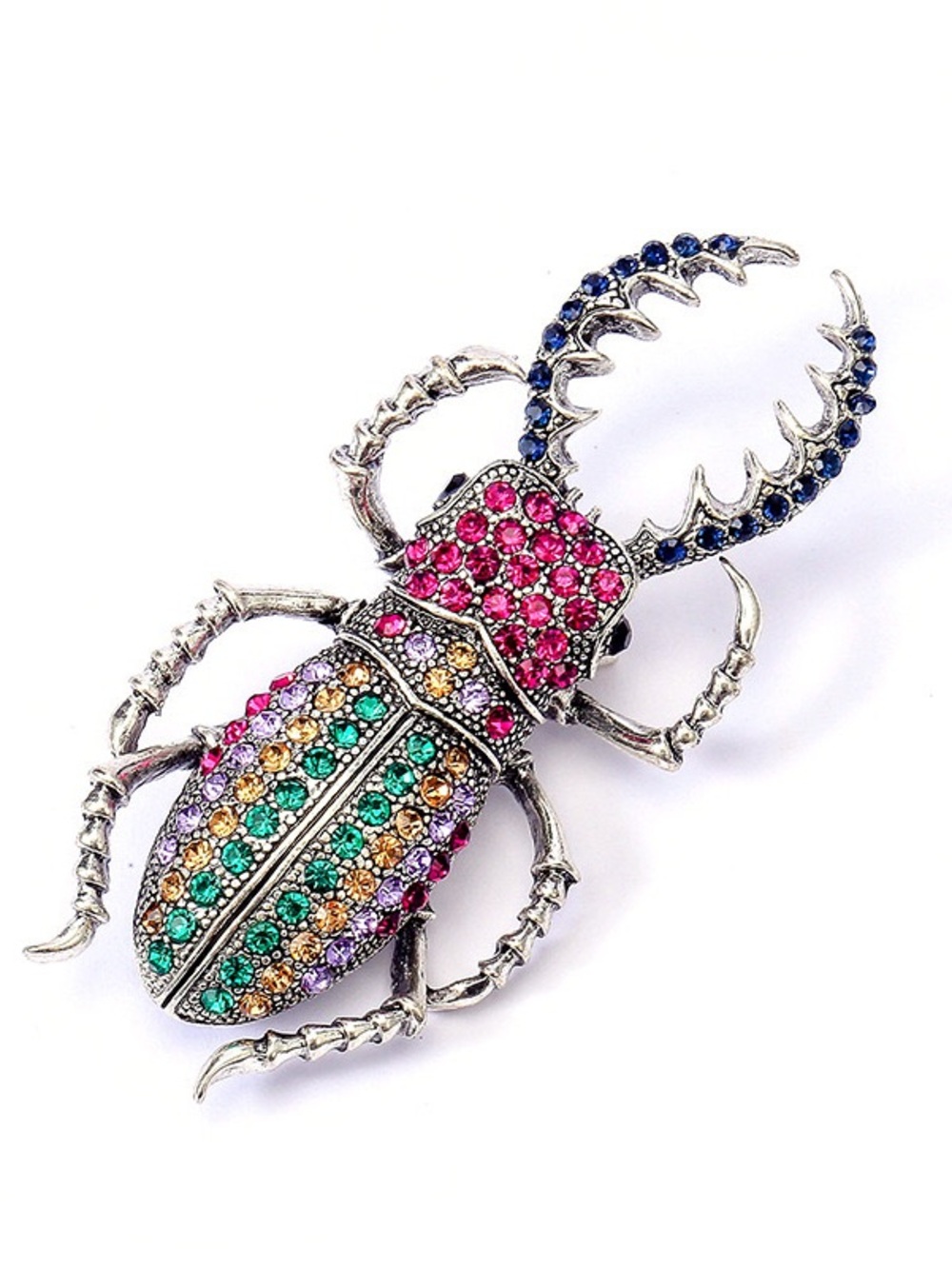 Multicolor Rhinestone Stag Beetle Brooch – Jeweled Crystal Insect Statement Pin